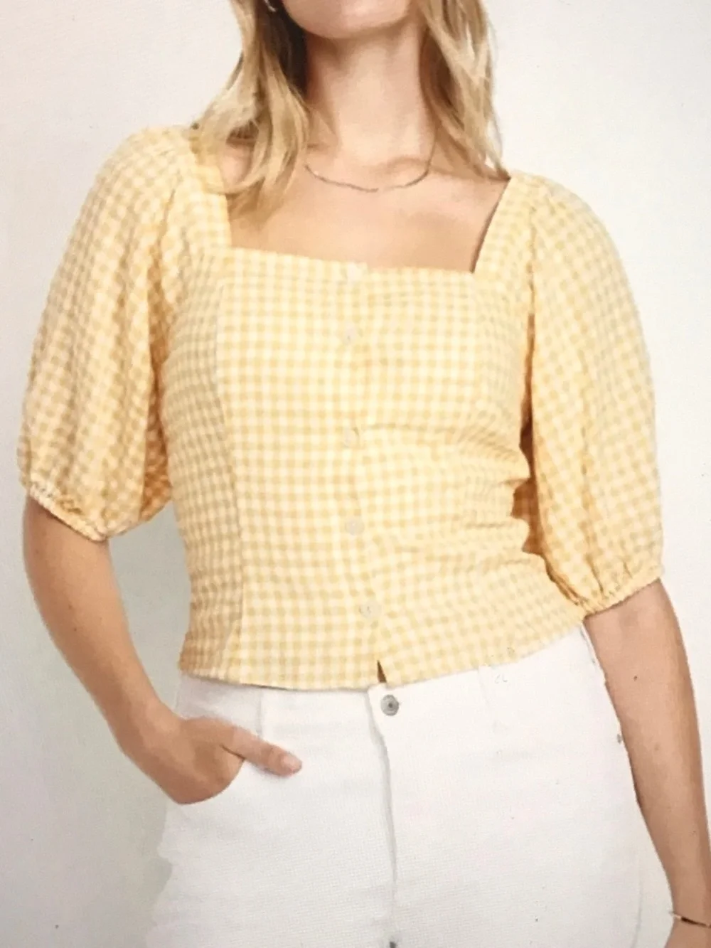 OLD NAVY Puff Sleeve Linen Blend Gingham Top Yellow White Women’s Size Large